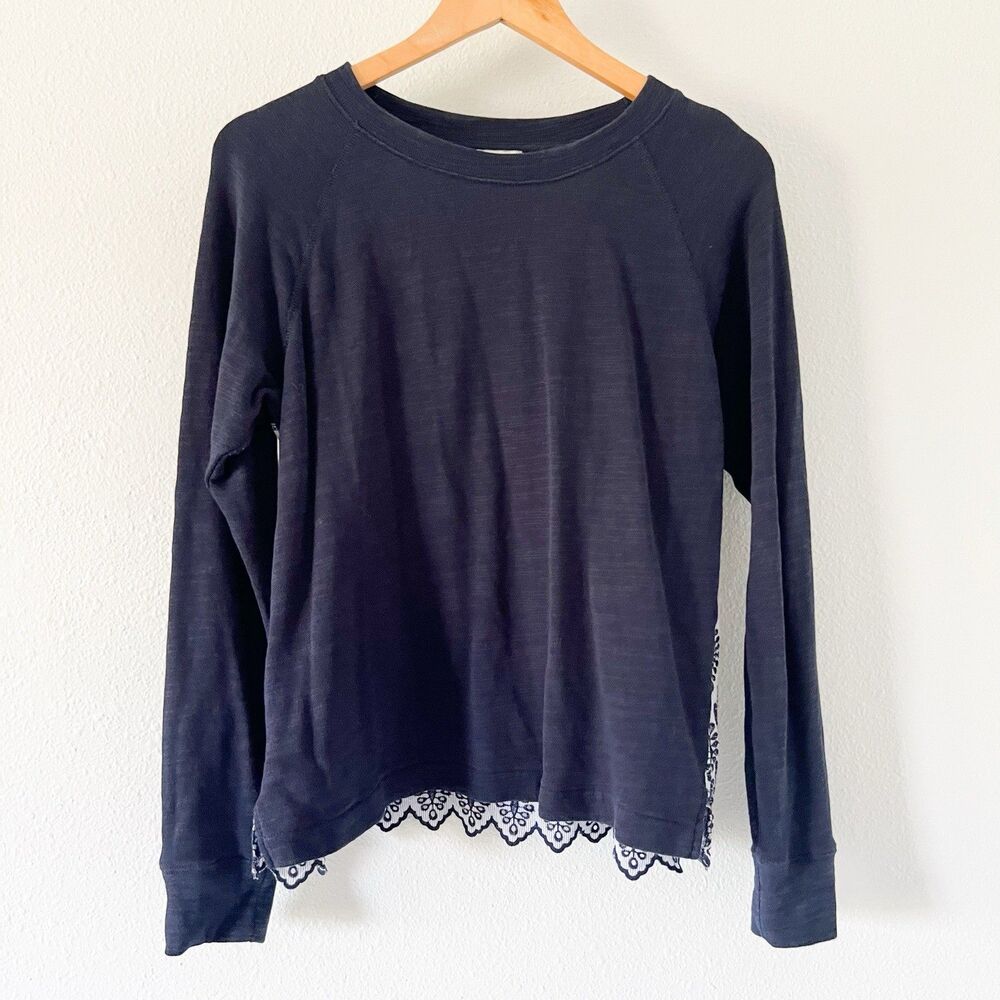 J. Crew Sweatshirt Top Womens Medium Blue Mixed Media Eyelet Stripe Knit Cotton